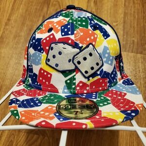 Vintage New Era 59Fifty Dice Hat Cap Fitted 7 1/8 Colorful Las Vegas Gambler‎